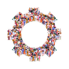 Large group of people in the form of gear wheel. Time management and productivity concept. People standing together. A crowd of male and female characters. Flat vector illustration