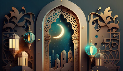 Ramadan kareem islamic mosque greeting, Eid mubarak background, Generative Ai