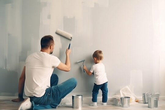 Son and father are painting wall together created with Generative AI technology. Father's day. Labour day