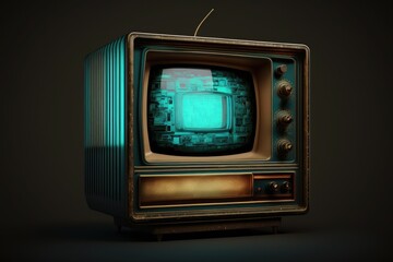 an old television with a green screen on a black background. Generative AI