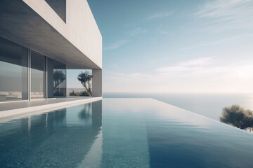 Luxury Residential Minimalist Villa With Pool And Ocean On Horizon, Made Using Generative Ai
