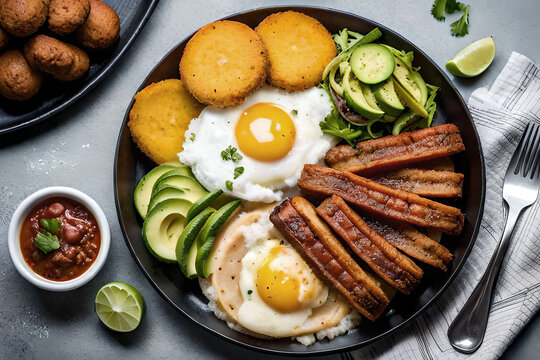 A plate of Bandeja Paisa with a fried egg and beans. colombian food, created with generative ai technology
