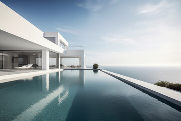 Fototapeta na wymiar Luxury Residential Minimalist Villa With Pool And Ocean On Horizon, Made Using Generative Ai