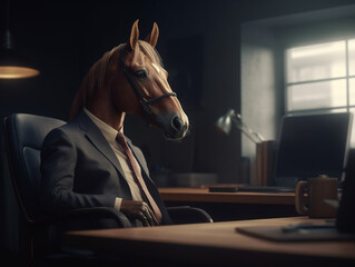 Illustration of horse wearing business attire. Animal working at the office. AI Generative.