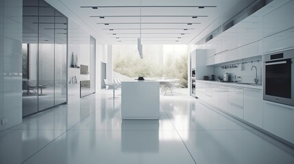 Modern kitchen: timeless, stylish and functional, minimalist. Puristic shapes, clear lines and innovative technology from the counter to the floor covering. - Generative AI