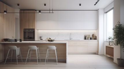 Fototapeta na wymiar Modern kitchen: timeless, stylish and functional, minimalist. Puristic shapes, clear lines and innovative technology from the counter to the floor covering. - Generative AI