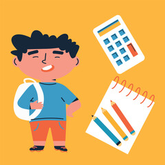 Back to school. Little boy with School supplies. Cartoon flat vector illustration. Funny cartoon kids characters. Happy kids at school banner. 