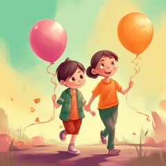 Two children holding balloons walking, cartoon illustration with generative ai
