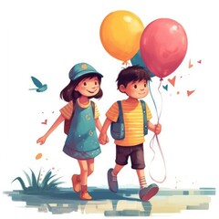 Two children holding balloons walking, cartoon illustration with generative ai