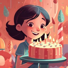 A girl is holding a cake while celebrating a birthday, cartoon illustration with generative ai
