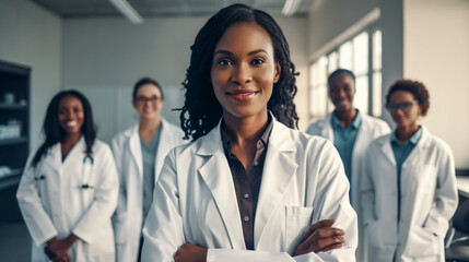 Fototapeta premium Young Adult Female African American Doctor In Front of Her Proud Staff - Generative AI.
