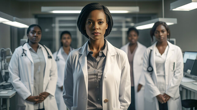 Young Adult Female African American Doctor In Front of Her Proud Staff - Generative AI.