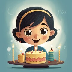 A girl is holding a cake while celebrating a birthday, cartoon illustration with generative ai