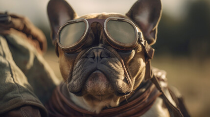 Cute French Bulldog Wearing Pilot Goggles and Scarf Ready for Action - Generative AI.