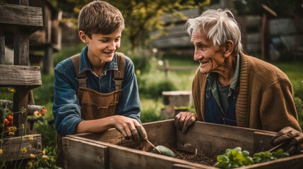 Elderly Grandfather Teaching His Young Grandson About Gardening - Generative AI.