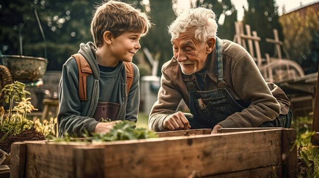 Elderly Grandfather Teaching His Young Grandson About Gardening - Generative AI.