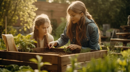 Young Mother and Daughter Gardening in The Back Yard Together - Generative AI.