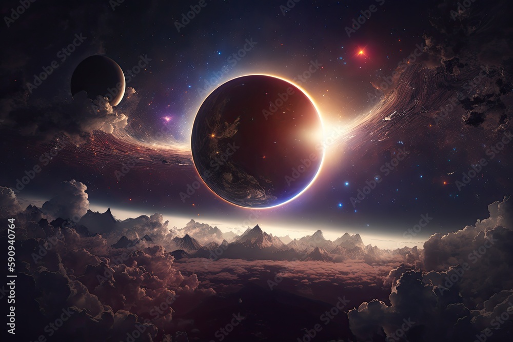 Sticker two planets with a starry sky and cloudy atmosphere. generative ai