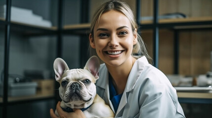 Happy Young Adult Female Veterinarian Holding a Cute Healthy French Bulldog In Her Office - Generative AI.