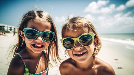 Two Young Girlfriends Wearing Sunglasses Having Fun on the Beach - Generative AI.