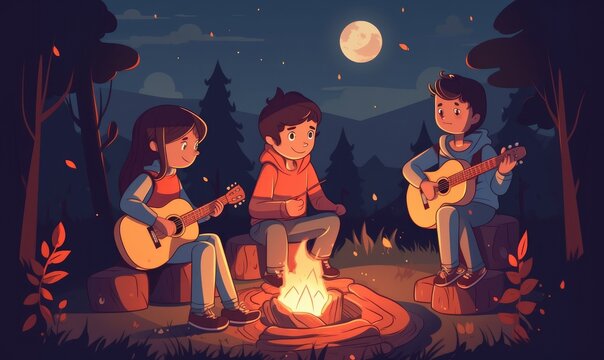 Kids playing guitar on a camp fire, illustration design with generative ai