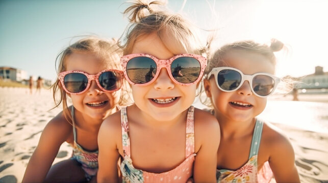 Three Young Girlfriends Wearing Sunglasses Having Fun on the Beach - Generative AI.