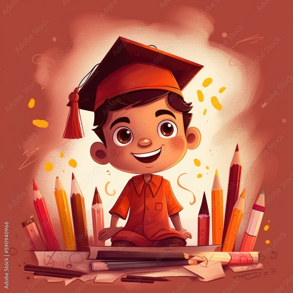 Wall mural clipart pencil kids cartoon graduation. cartoon illustration with generative ai