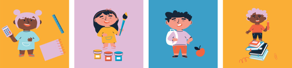 Back to school. Little boy and girl with School supplies. Cartoon flat vector illustration. Funny cartoon kids characters. Happy kids at school banner. 