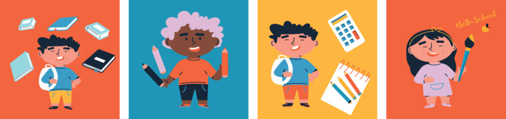 Back to school. Little boy and girl with School supplies. Cartoon flat vector illustration. Funny cartoon kids characters. Happy kids at school banner. 