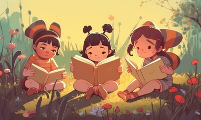Preschool children reading books. flat illustration in the summertime with bees. Generative AI