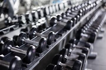 Fototapeta na wymiar Dumbbells of different weights laid out on racks in gym