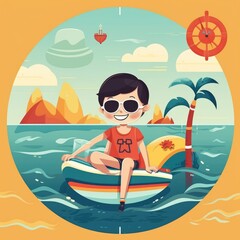 Boy enjoying summer holiday, cartoon illustration with generative ai