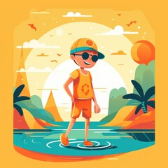 Boy enjoying summer holiday, cartoon illustration with generative ai