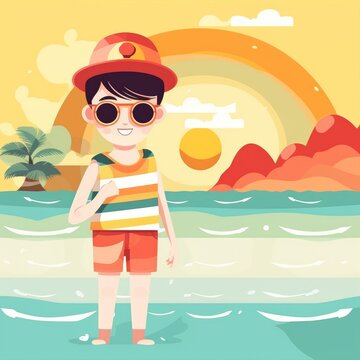 Boy enjoying summer holiday, cartoon illustration with generative ai
