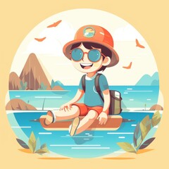 Obraz na płótnie Canvas Boy enjoying summer holiday, cartoon illustration with generative ai