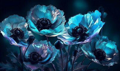 Realistic opalescent poppies flowers illustration wallpaper created with Generative AI technology