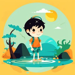 Obraz na płótnie Canvas Boy enjoying summer holiday, cartoon illustration with generative ai