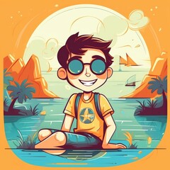 Naklejka premium Boy enjoying summer holiday, cartoon illustration with generative ai