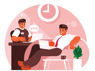 Collaboration and communication, corporate and cooperative business concept. Teamwork of businessmen. Vector graphics