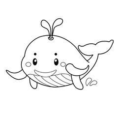Whale coloring page. Hand drawn whale coloring page. Whale cartoon vector illustration.