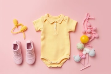 Baby accessories concept. Top view photo of baby clothes with empty space on isolated pastel background. Generative AI