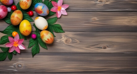 Naklejka premium wooden background with copy space, easter day concept, egg pattern, spring leaves and flowers, generative ai