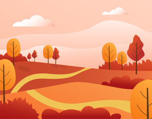 Fototapeta na wymiar Autumn forest and country road. Bright colorful trees with personality, rural fields and meadows. Vector drawing in a flat style with gradients. Illustrations for banners, backgrounds, advertising, we