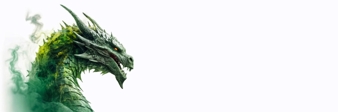 Realistic portrait of green scary dragon in smoke. Year of the Dragon. Long banner with copy space.