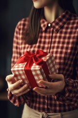 Gift box with red ribbon bow in female hands. Generative AI