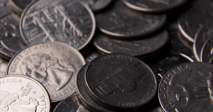 Heap of American dime cents. Closeup.