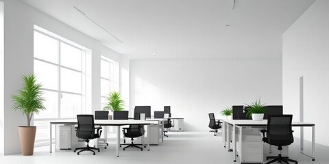 Fototapeta na wymiar Modern empty office with blank white wall mockup, copy space, generative ai illustration