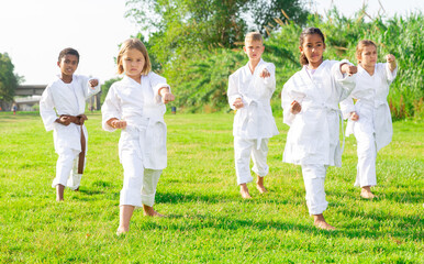 Naklejka na ściany i meble International team of tweens in white kimonos exercising new techniques during outdoors group taekwondo class on green lawn on summer day