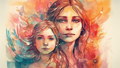 A watercolor drawing of a a mother and child together, illustration with generative ai