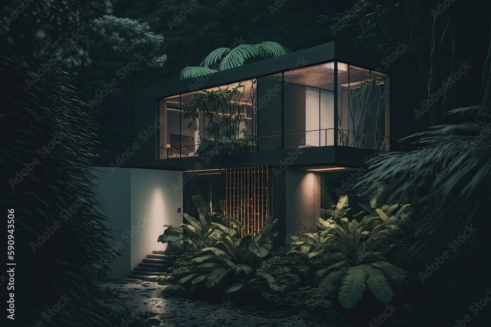 Poster solitary house surrounded by trees in the dark forest at night. Generative AI